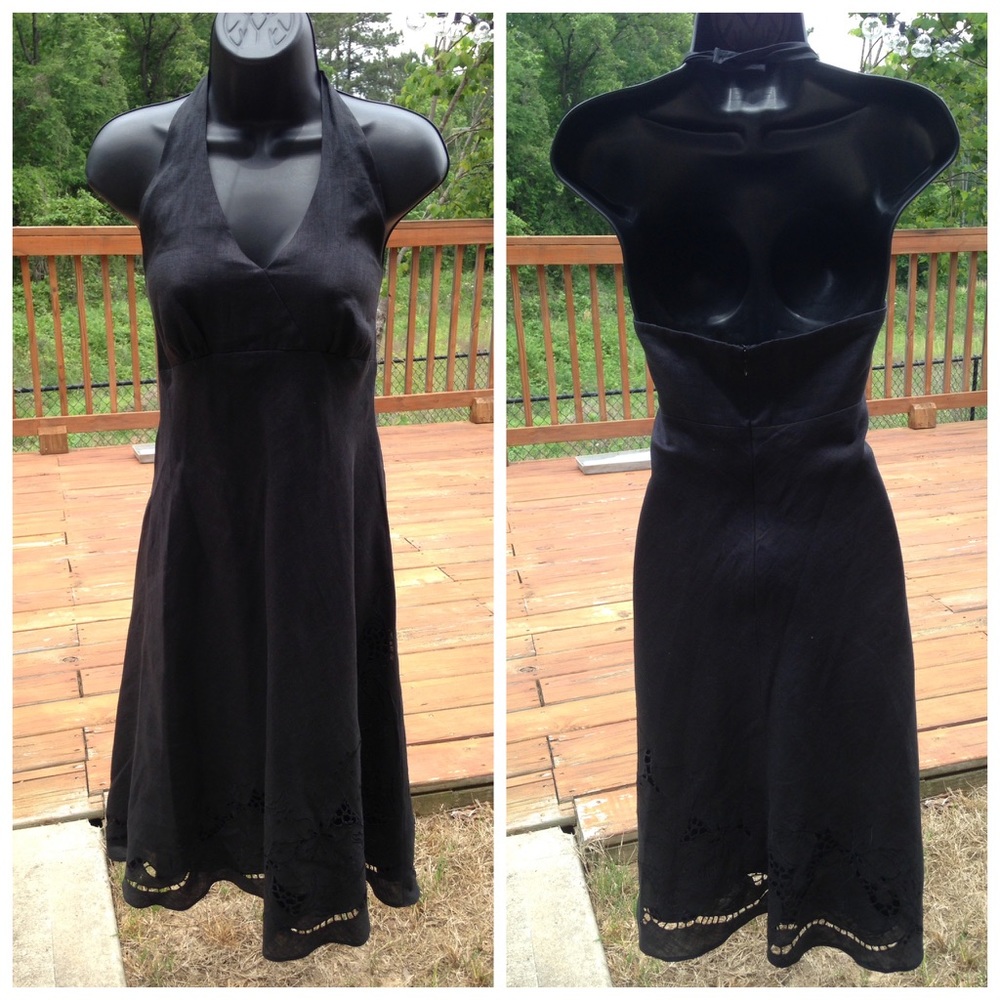 Ann Taylor Linen Embroidery Halter Dress Sz 4 Blk